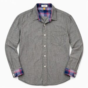 Tailor Vintage Mens XL Grey Button Down Shirt Plaid Trim Preppy Work Coastal